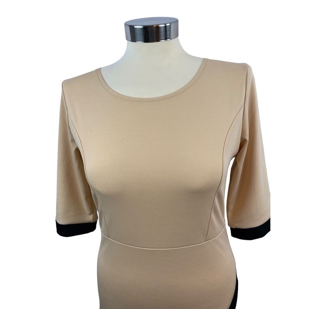 Medium Lupsona Stretch Sheath Dress 1/2 Sleeve Tan Black Trim - Picture 2 of 7